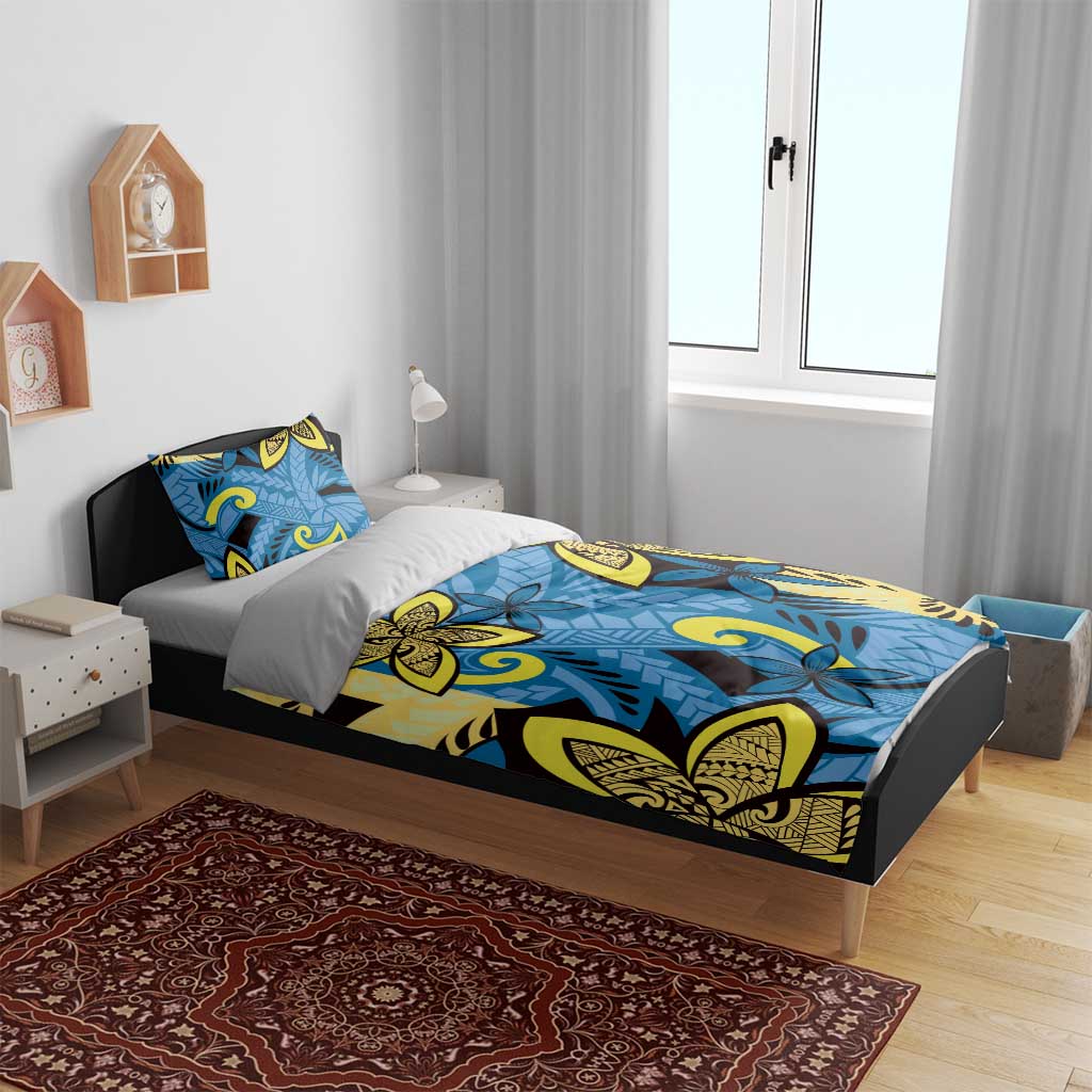 Plumeria Polynesian Pattern Bedding Set Unique Fantasy Blue Yellow