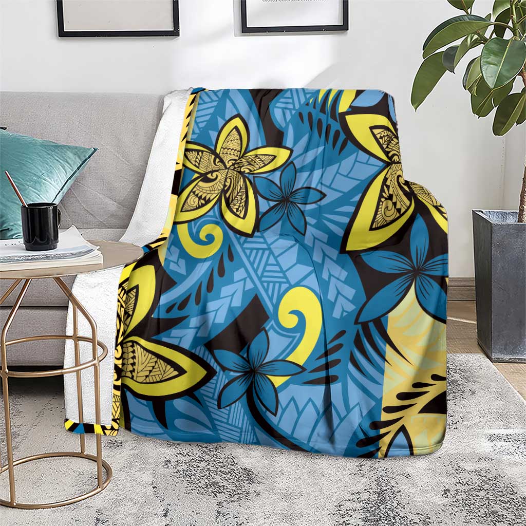 Plumeria Polynesian Pattern Blanket Unique Fantasy Blue Yellow
