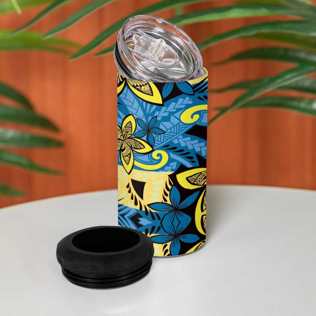 Plumeria Polynesian Pattern 4 in 1 Can Cooler Tumbler Unique Fantasy Blue Yellow