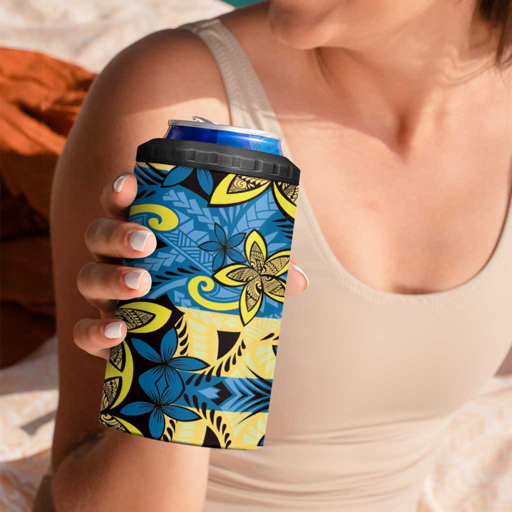 Plumeria Polynesian Pattern 4 in 1 Can Cooler Tumbler Unique Fantasy Blue Yellow