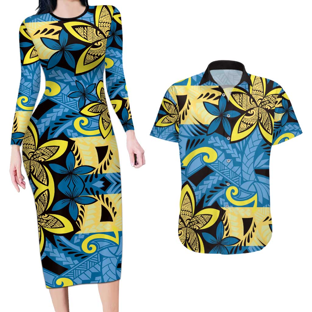 Plumeria Polynesian Pattern Couples Matching Long Sleeve Bodycon Dress and Hawaiian Shirt Unique Fantasy Blue Yellow LT01 Blue - Polynesian Pride