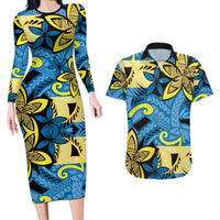 Plumeria Polynesian Pattern Couples Matching Long Sleeve Bodycon Dress and Hawaiian Shirt Unique Fantasy Blue Yellow LT01 Blue - Polynesian Pride