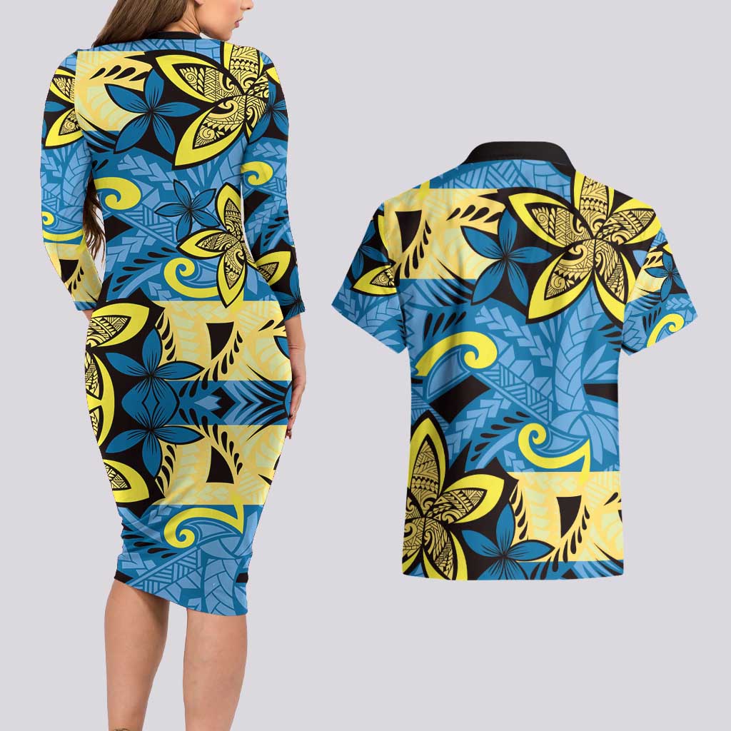 Plumeria Polynesian Pattern Couples Matching Long Sleeve Bodycon Dress and Hawaiian Shirt Unique Fantasy Blue Yellow LT01 - Polynesian Pride