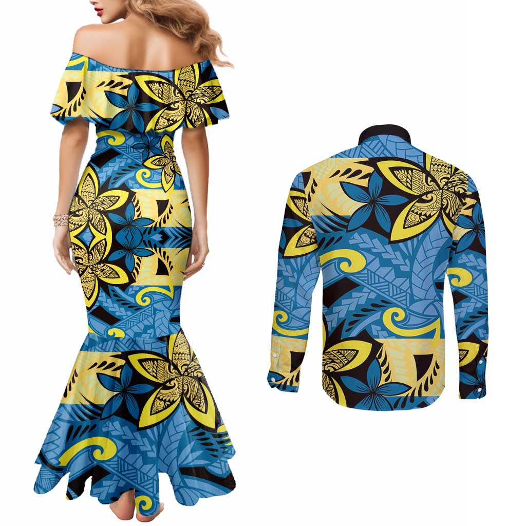 Plumeria Polynesian Pattern Couples Matching Mermaid Dress and Long Sleeve Button Shirt Unique Fantasy Blue Yellow