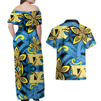 Plumeria Polynesian Pattern Couples Matching Off Shoulder Maxi Dress and Hawaiian Shirt Unique Fantasy Blue Yellow