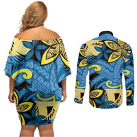 Plumeria Polynesian Pattern Couples Matching Off Shoulder Short Dress and Long Sleeve Button Shirt Unique Fantasy Blue Yellow