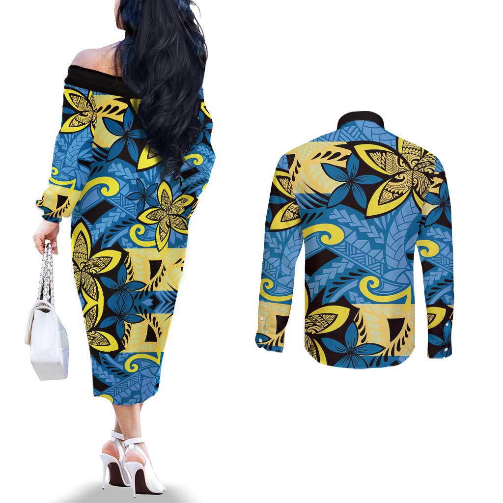 Plumeria Polynesian Pattern Couples Matching Off The Shoulder Long Sleeve Dress and Long Sleeve Button Shirt Unique Fantasy Blue Yellow LT01 - Polynesian Pride