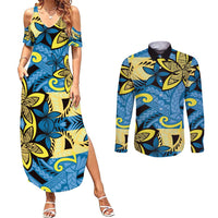 Plumeria Polynesian Pattern Couples Matching Summer Maxi Dress and Long Sleeve Button Shirt Unique Fantasy Blue Yellow