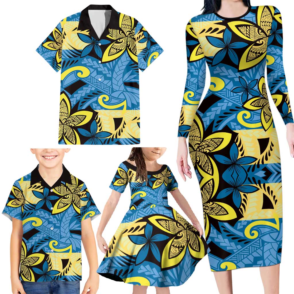 Plumeria Polynesian Pattern Family Matching Long Sleeve Bodycon Dress and Hawaiian Shirt Unique Fantasy Blue Yellow LT01 - Polynesian Pride