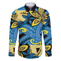 Plumeria Polynesian Pattern Family Matching Long Sleeve Bodycon Dress and Hawaiian Shirt Unique Fantasy Blue Yellow LT01 Dad's Shirt - Long Sleeve Blue - Polynesian Pride