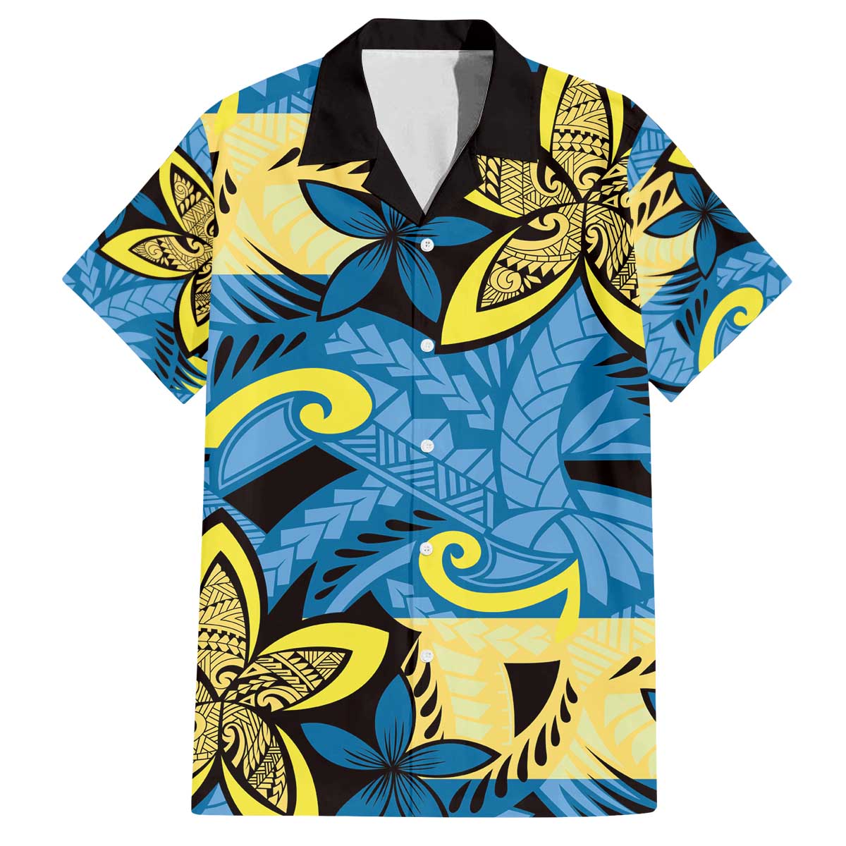 Plumeria Polynesian Pattern Family Matching Off The Shoulder Long Sleeve Dress and Hawaiian Shirt Unique Fantasy Blue Yellow LT01 Dad's Shirt - Short Sleeve Blue - Polynesian Pride