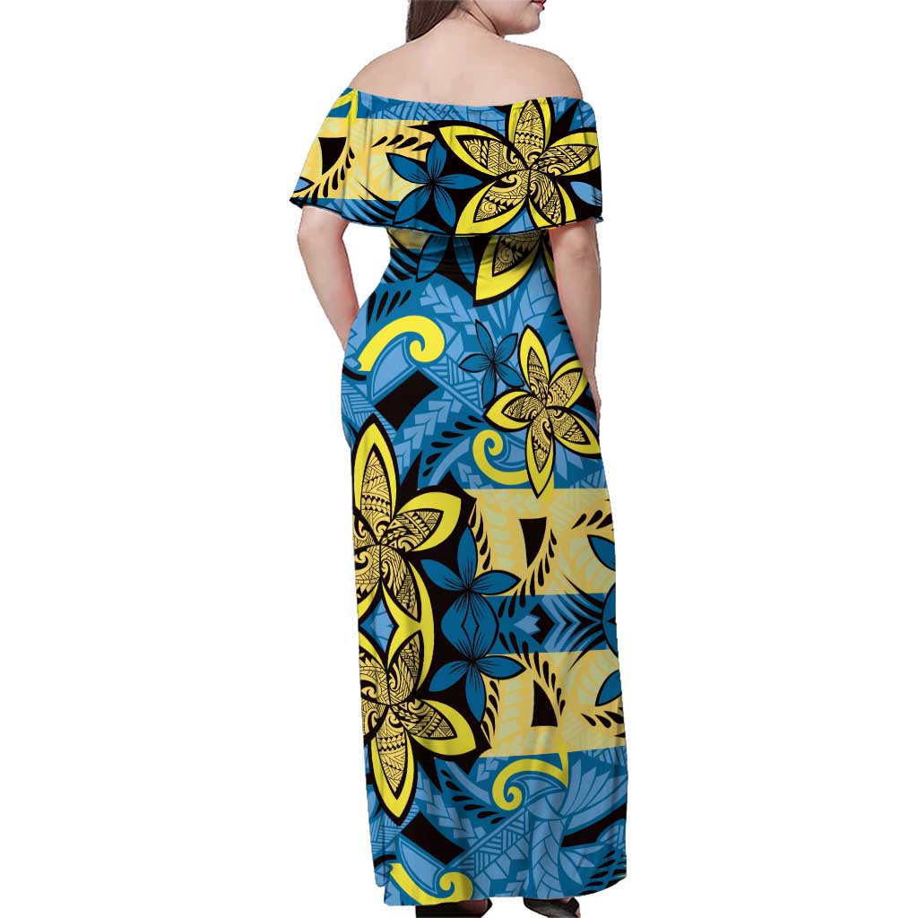 Plumeria Polynesian Pattern Family Matching Off Shoulder Maxi Dress and Hawaiian Shirt Unique Fantasy Blue Yellow