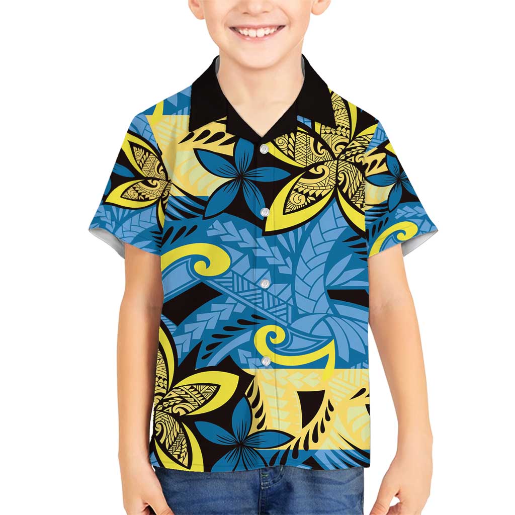 Plumeria Polynesian Pattern Family Matching Puletasi and Hawaiian Shirt Unique Fantasy Blue Yellow