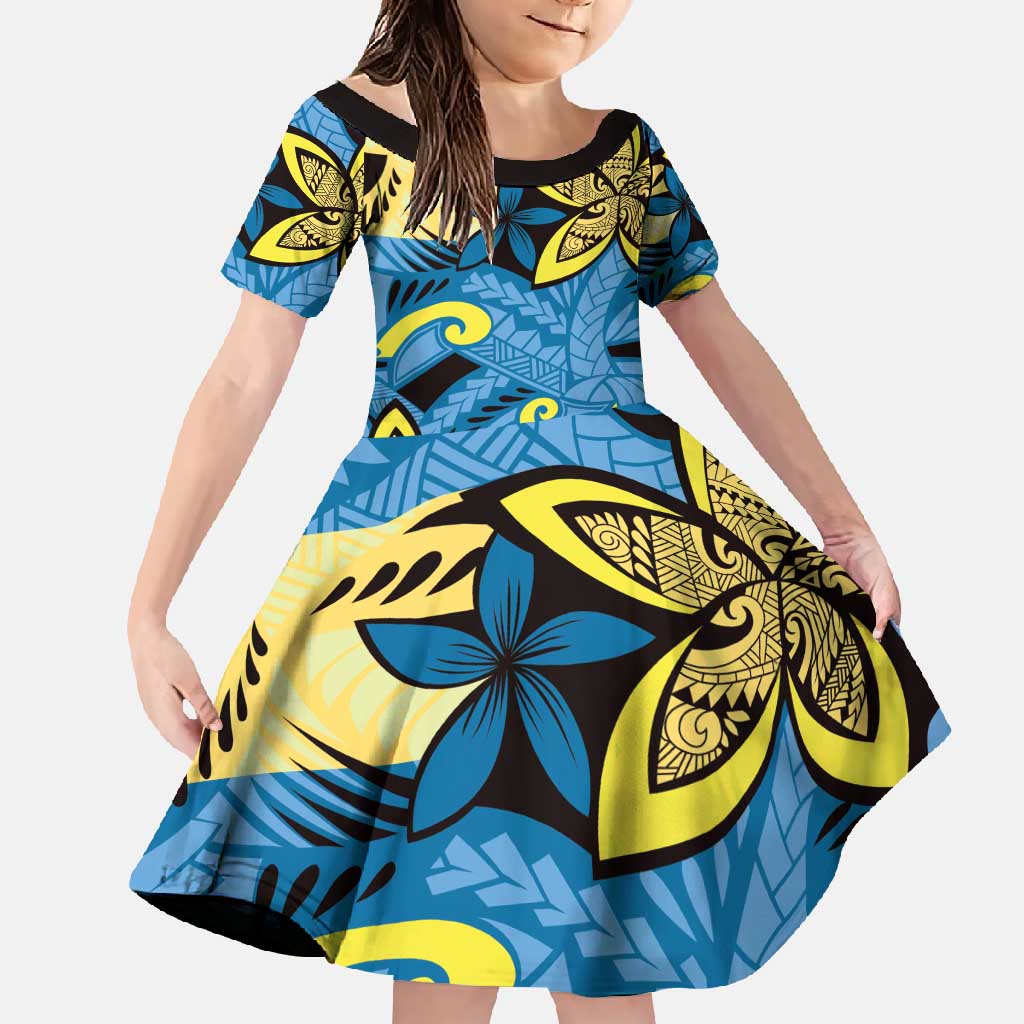 Plumeria Polynesian Pattern Family Matching Short Sleeve Bodycon Dress and Hawaiian Shirt Unique Fantasy Blue Yellow LT01 Daughter's Dress Blue - Polynesian Pride