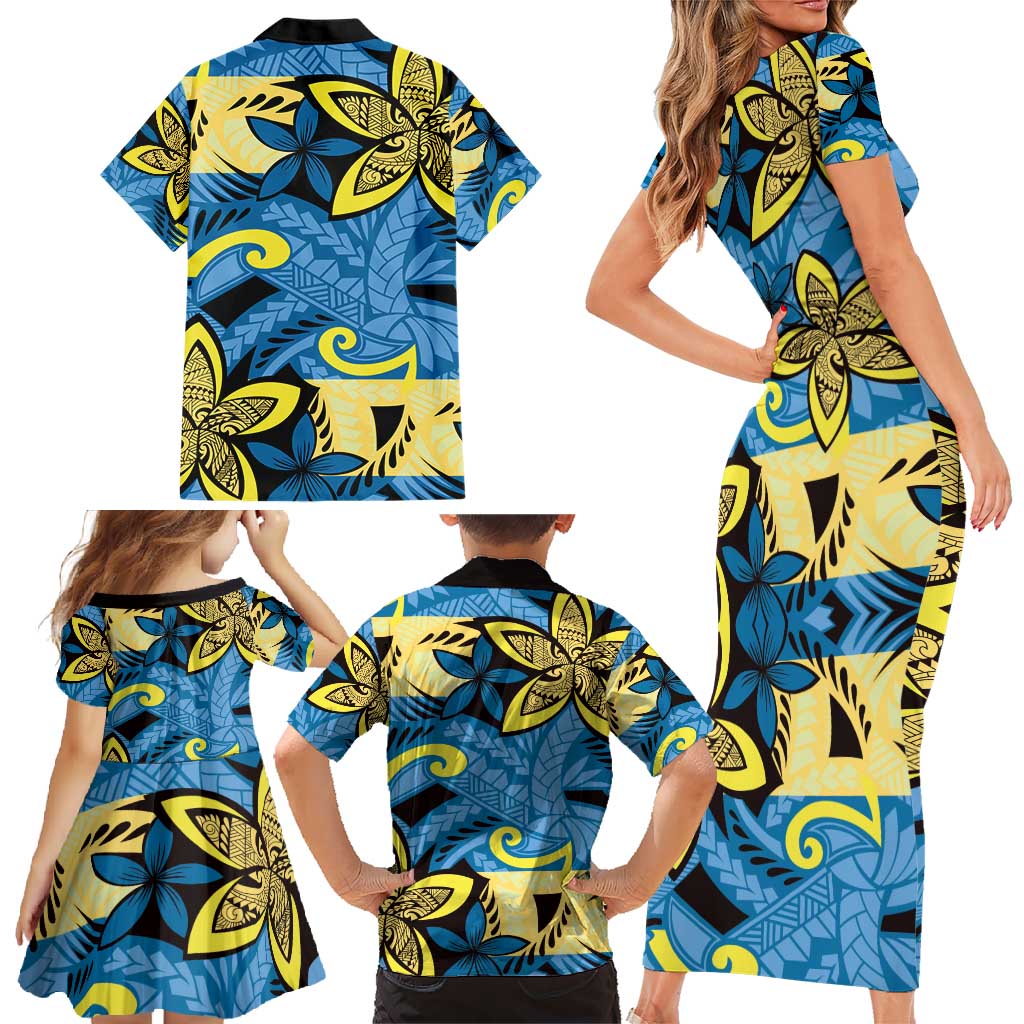 Plumeria Polynesian Pattern Family Matching Short Sleeve Bodycon Dress and Hawaiian Shirt Unique Fantasy Blue Yellow LT01 - Polynesian Pride