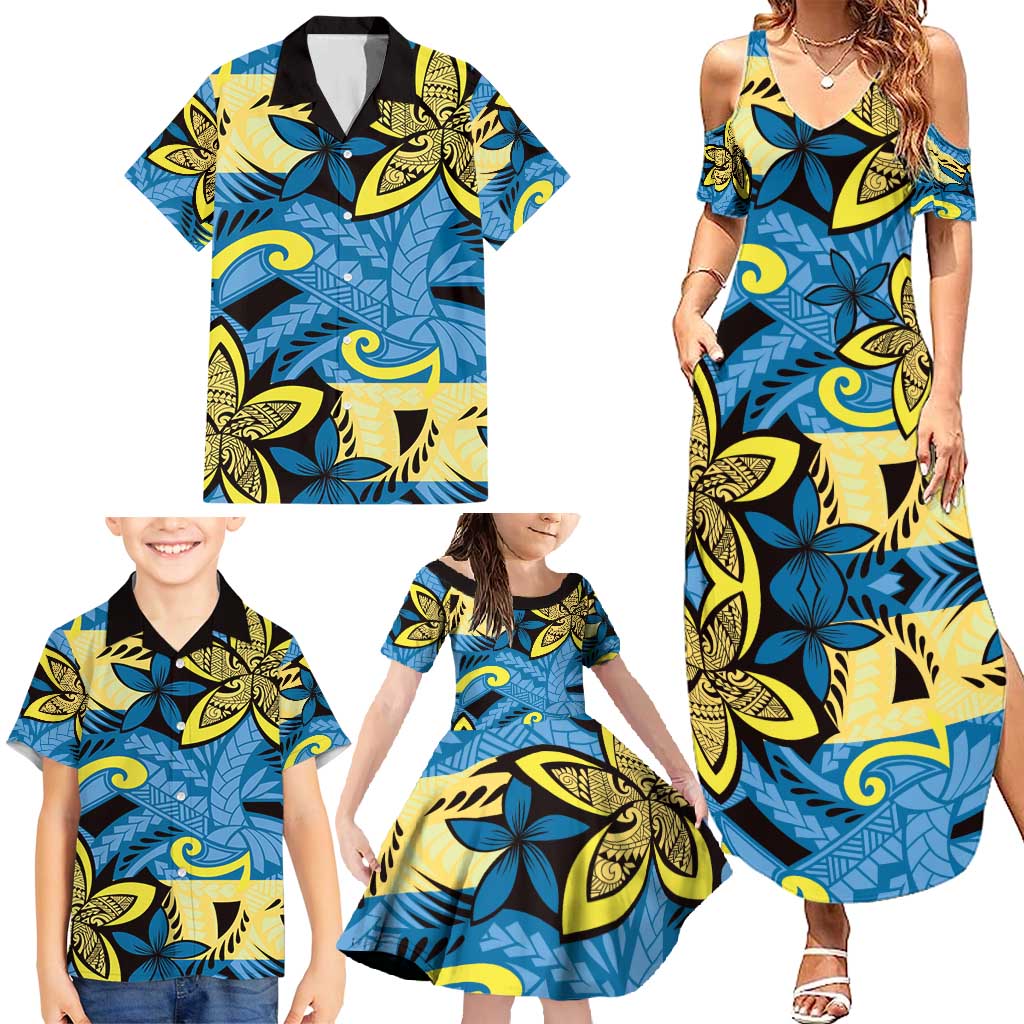 Plumeria Polynesian Pattern Family Matching Summer Maxi Dress and Hawaiian Shirt Unique Fantasy Blue Yellow