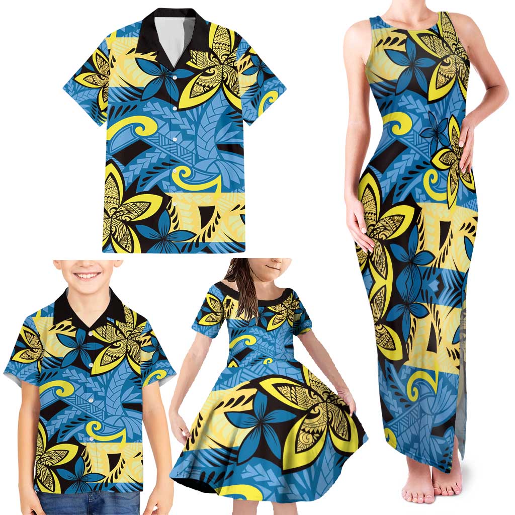 Plumeria Polynesian Pattern Family Matching Tank Maxi Dress and Hawaiian Shirt Unique Fantasy Blue Yellow