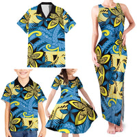 Plumeria Polynesian Pattern Family Matching Tank Maxi Dress and Hawaiian Shirt Unique Fantasy Blue Yellow