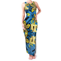 Plumeria Polynesian Pattern Family Matching Tank Maxi Dress and Hawaiian Shirt Unique Fantasy Blue Yellow