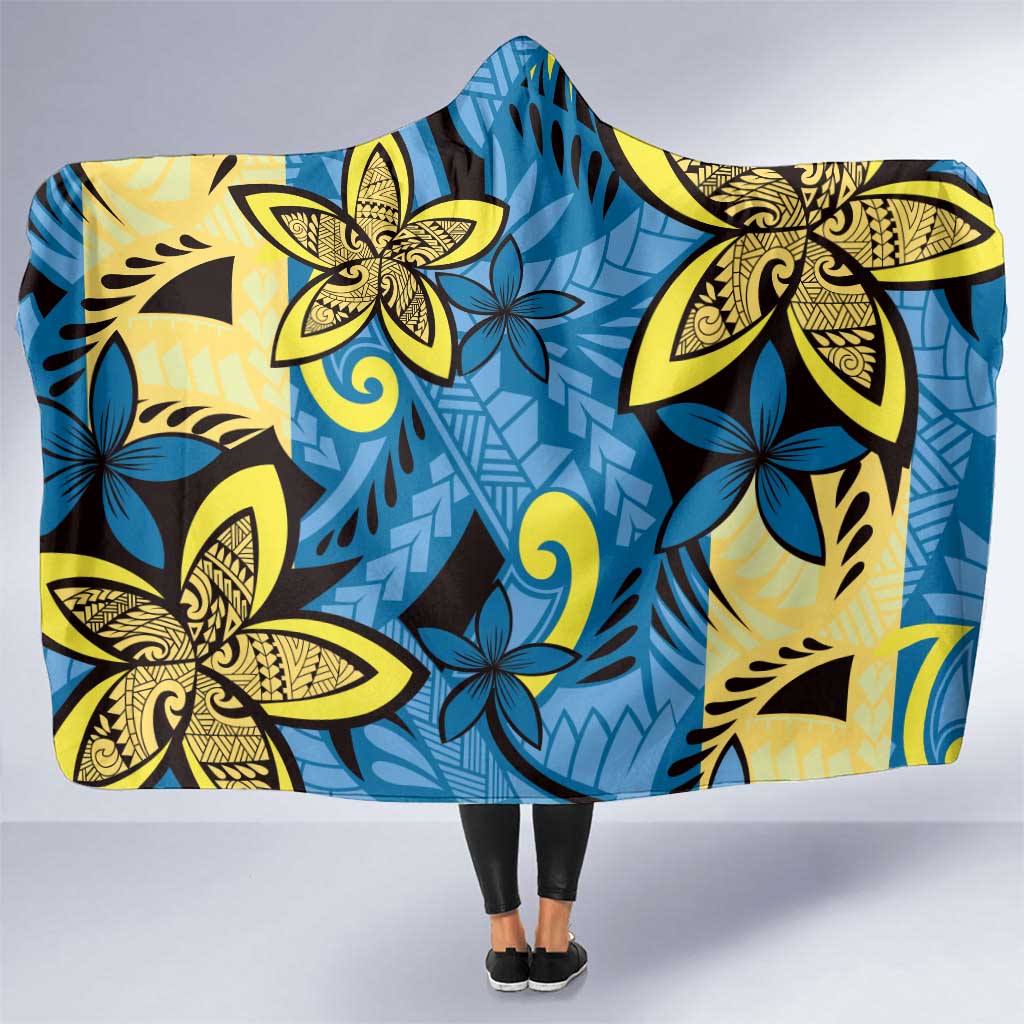 Plumeria Polynesian Pattern Hooded Blanket Unique Fantasy Blue Yellow