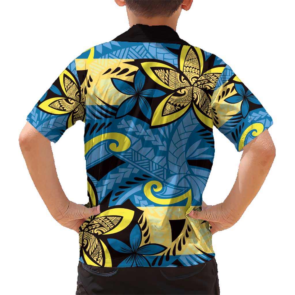 Plumeria Polynesian Pattern Kid Hawaiian Shirt Unique Fantasy Blue Yellow