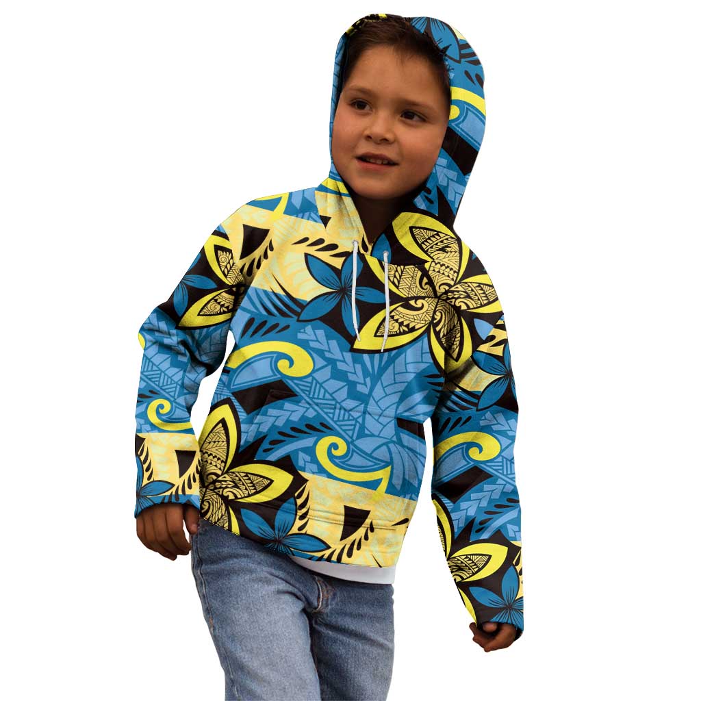 Plumeria Polynesian Pattern Kid Hoodie Unique Fantasy Blue Yellow