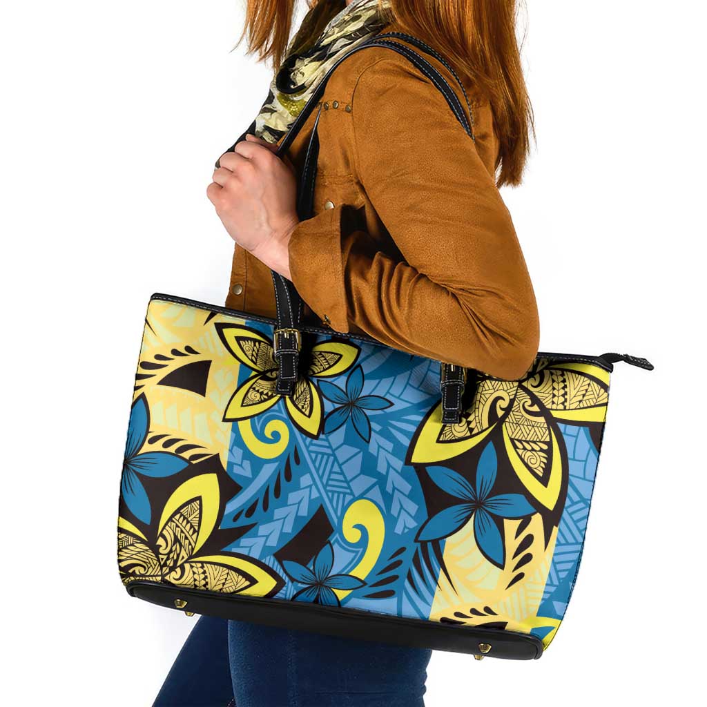Plumeria Polynesian Pattern Leather Tote Bag Unique Fantasy Blue Yellow