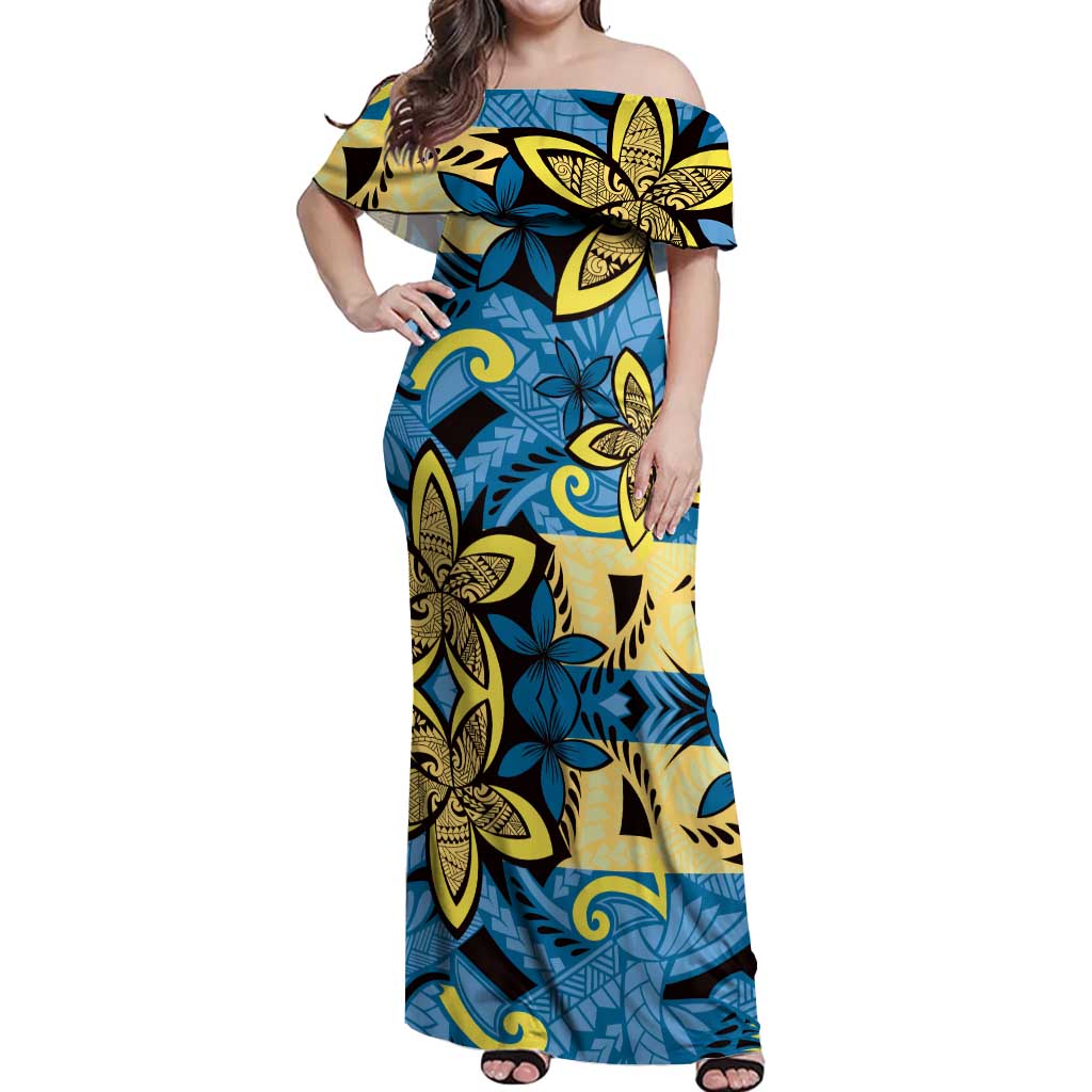 Plumeria Polynesian Pattern Off Shoulder Maxi Dress Unique Fantasy Blue Yellow