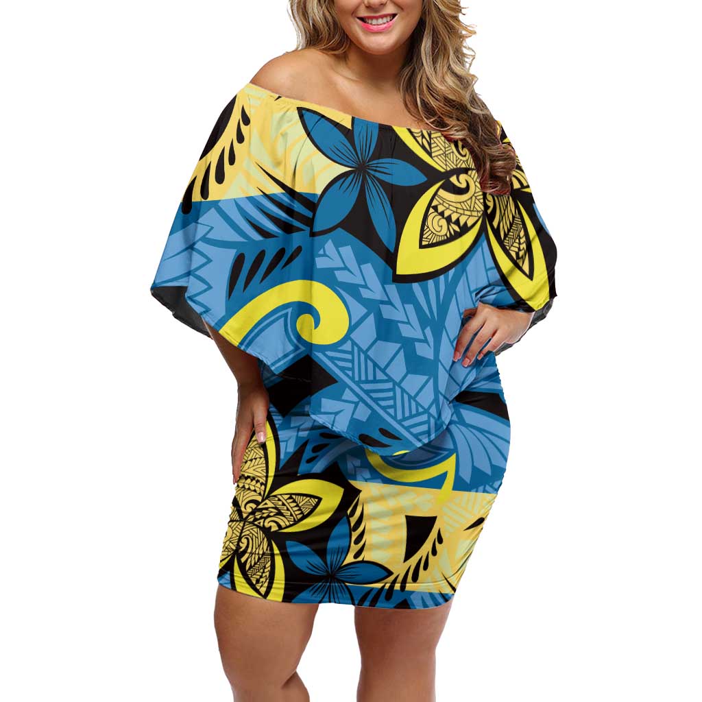 Plumeria Polynesian Pattern Off Shoulder Short Dress Unique Fantasy Blue Yellow