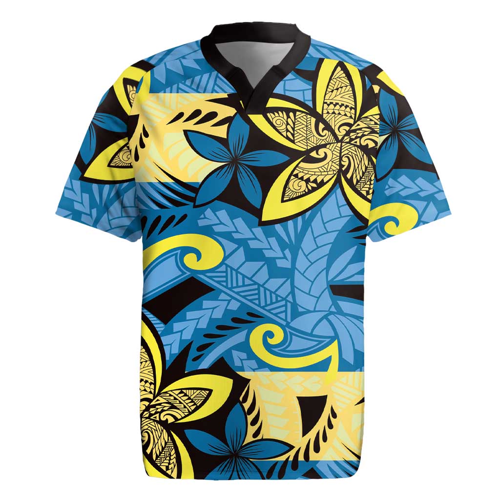 Plumeria Polynesian Pattern Rugby Jersey Unique Fantasy Blue Yellow