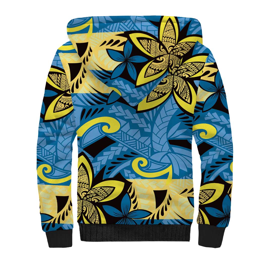 Plumeria Polynesian Pattern Sherpa Hoodie Unique Fantasy Blue Yellow