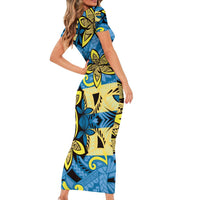Plumeria Polynesian Pattern Short Sleeve Bodycon Dress Unique Fantasy Blue Yellow LT01 - Polynesian Pride