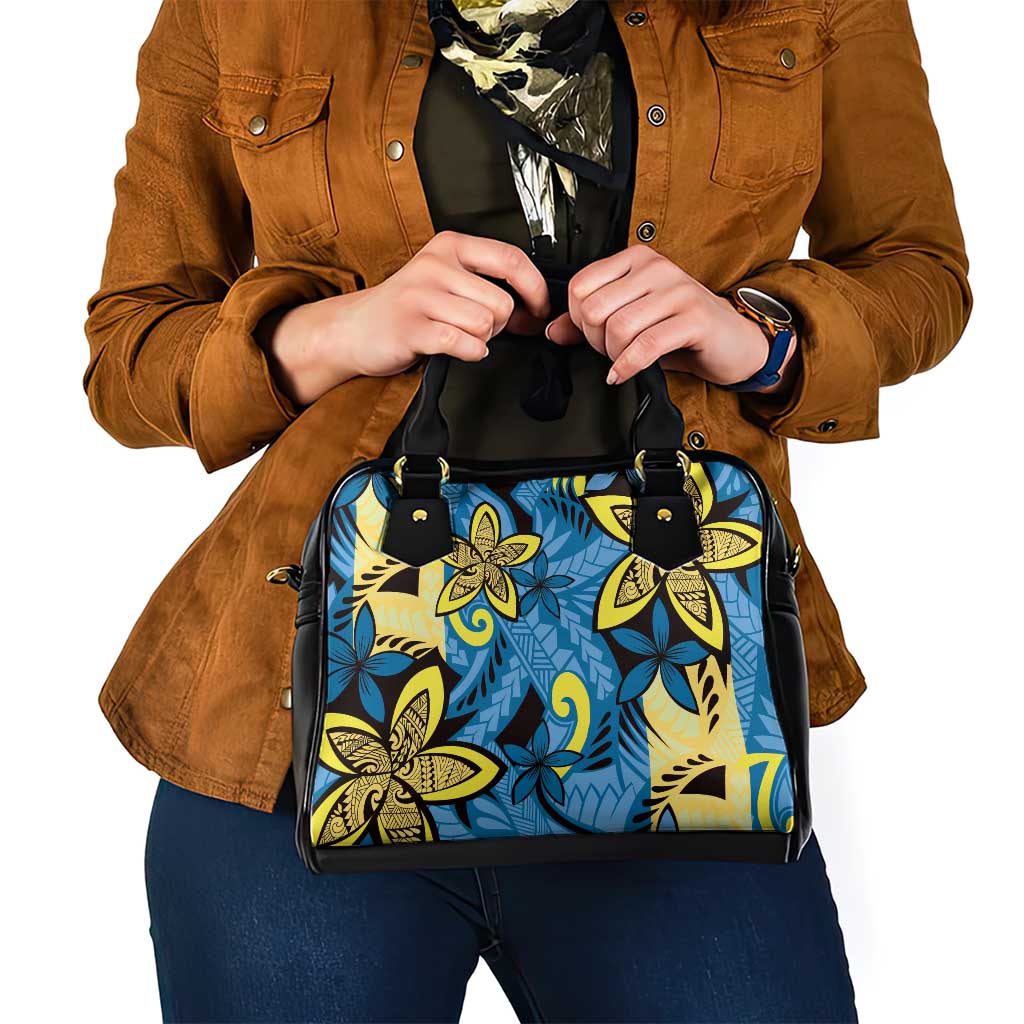 Plumeria Polynesian Pattern Shoulder Handbag Unique Fantasy Blue Yellow