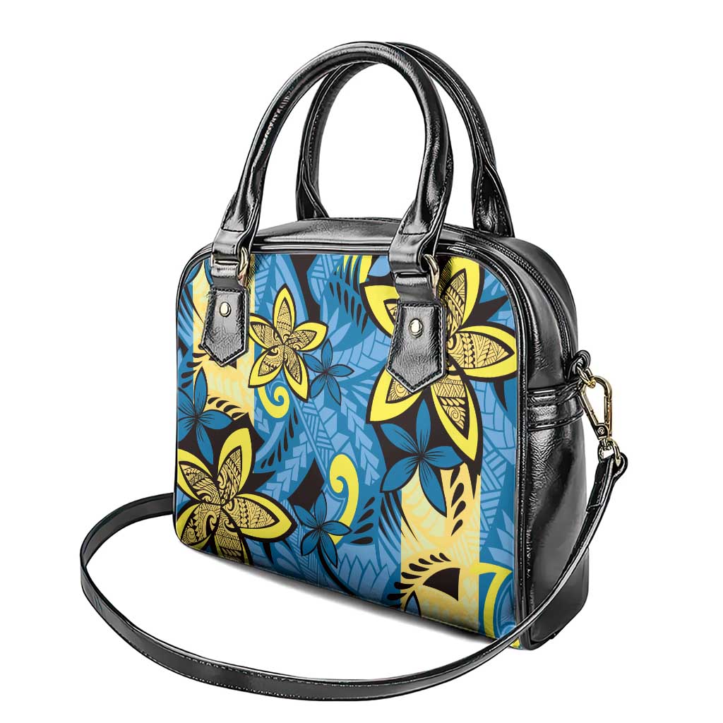 Plumeria Polynesian Pattern Shoulder Handbag Unique Fantasy Blue Yellow