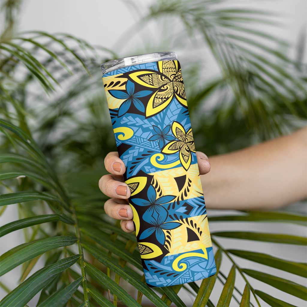 Plumeria Polynesian Pattern Skinny Tumbler Unique Fantasy Blue Yellow LT01 - Polynesian Pride