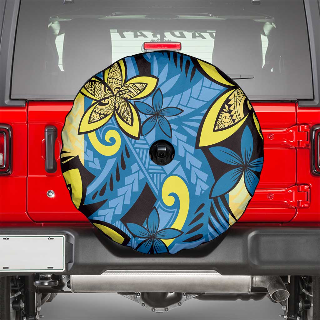 Plumeria Polynesian Pattern Spare Tire Cover Unique Fantasy Blue Yellow