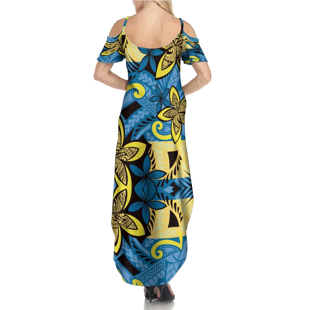 Plumeria Polynesian Pattern Summer Maxi Dress Unique Fantasy Blue Yellow