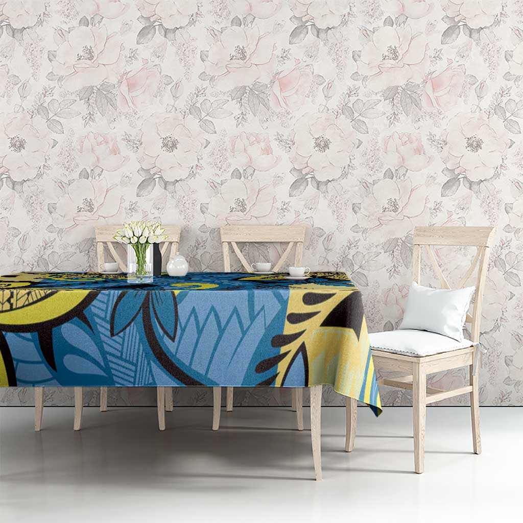 Plumeria Polynesian Pattern Tablecloth Unique Fantasy Blue Yellow