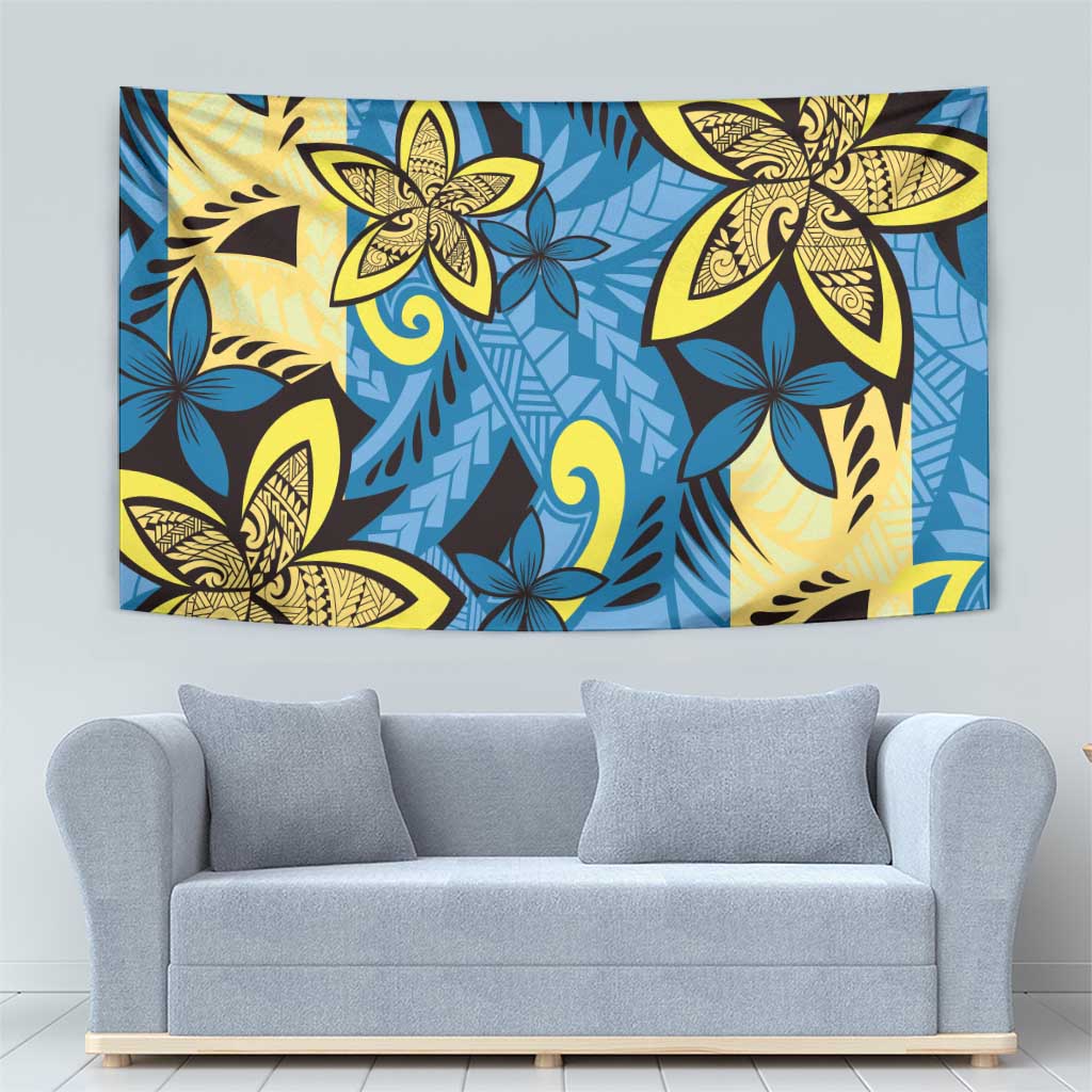 Plumeria Polynesian Pattern Tapestry Unique Fantasy Blue Yellow