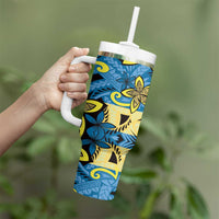 Plumeria Polynesian Pattern Tumbler With Handle Unique Fantasy Blue Yellow