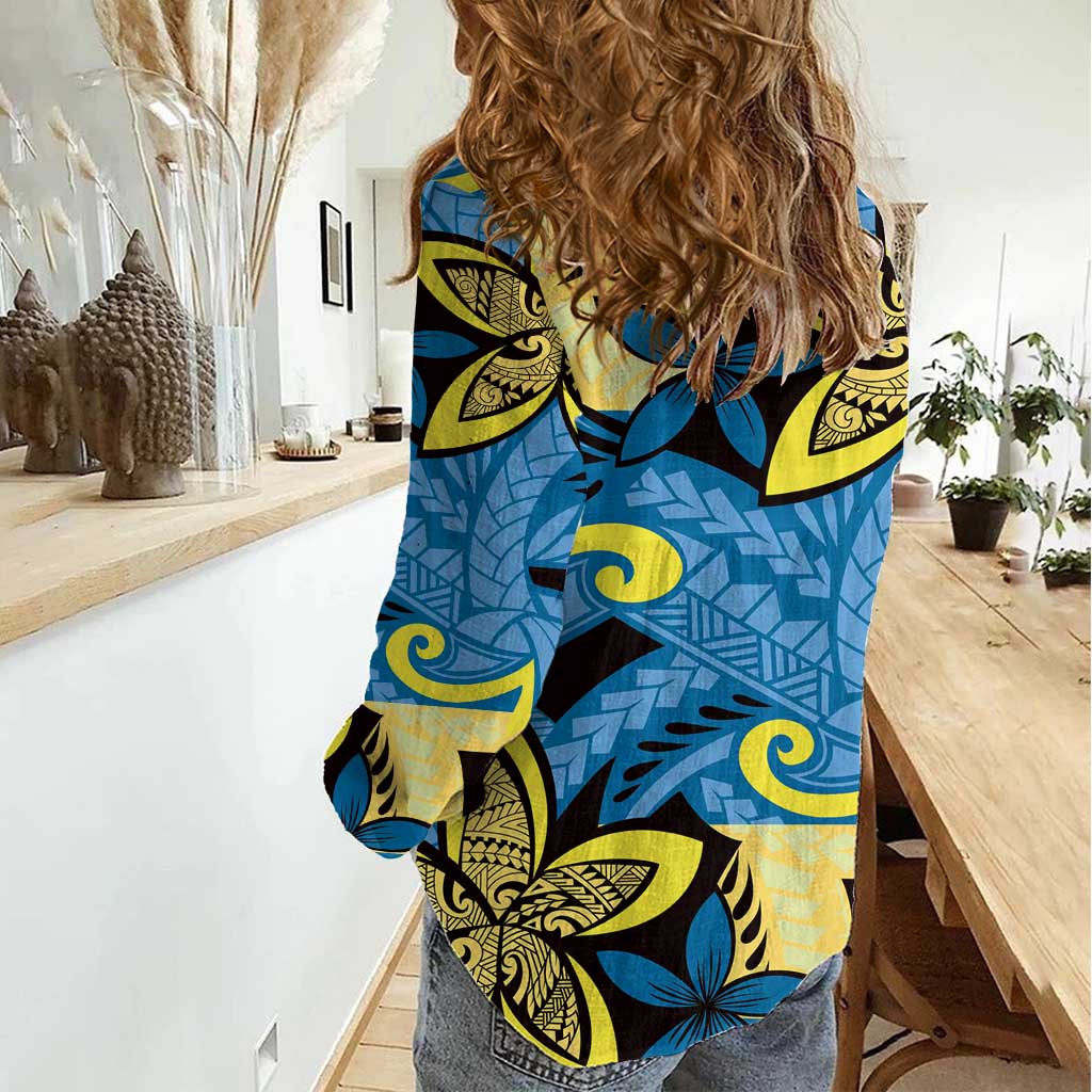 Plumeria Polynesian Pattern Women Casual Shirt Unique Fantasy Blue Yellow LT01 - Polynesian Pride
