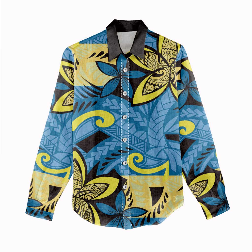 Plumeria Polynesian Pattern Women Casual Shirt Unique Fantasy Blue Yellow LT01 - Polynesian Pride