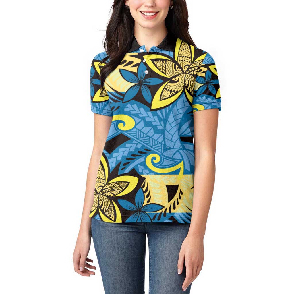 Plumeria Polynesian Pattern Women Polo Shirt Unique Fantasy Blue Yellow