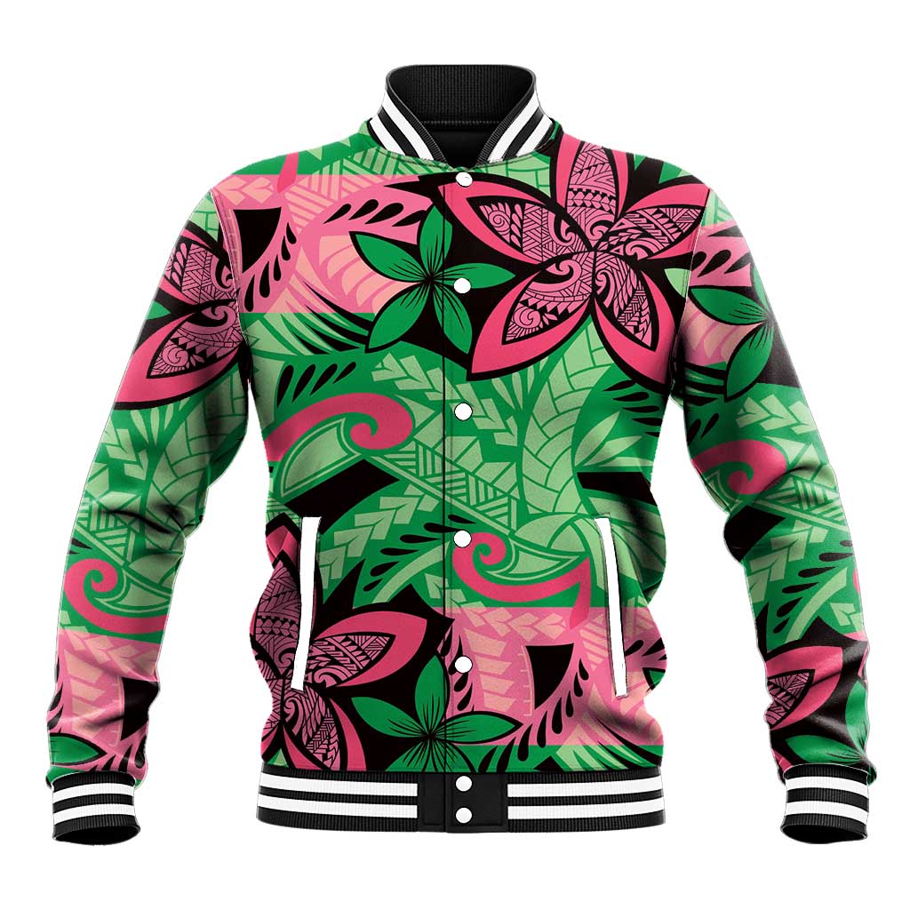 Plumeria Polynesian Pattern Baseball Jacket Unique Fantasy Green Pink