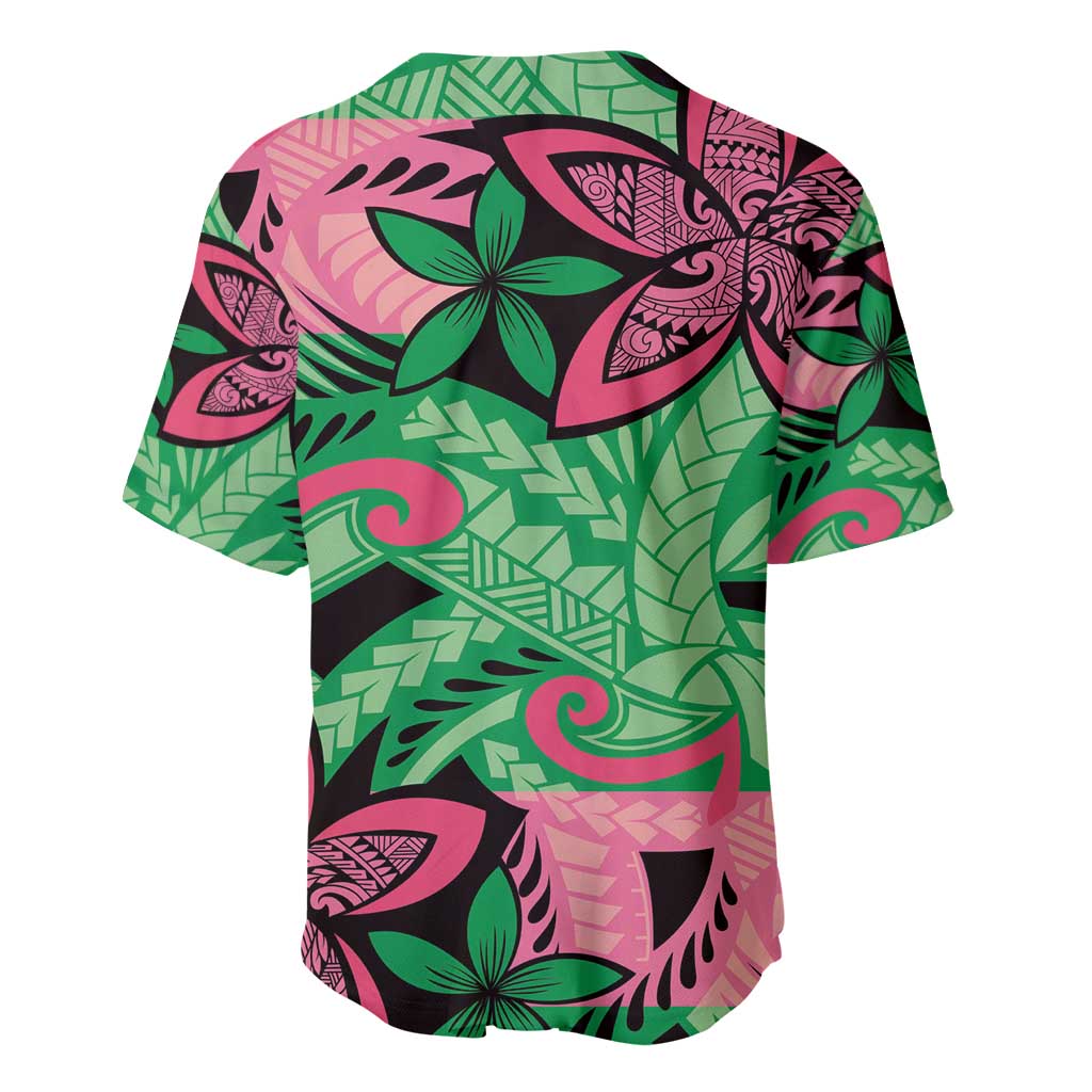 Plumeria Polynesian Pattern Baseball Jersey Unique Fantasy Green Pink LT01 - Polynesian Pride