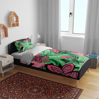 Plumeria Polynesian Pattern Bedding Set Unique Fantasy Green Pink