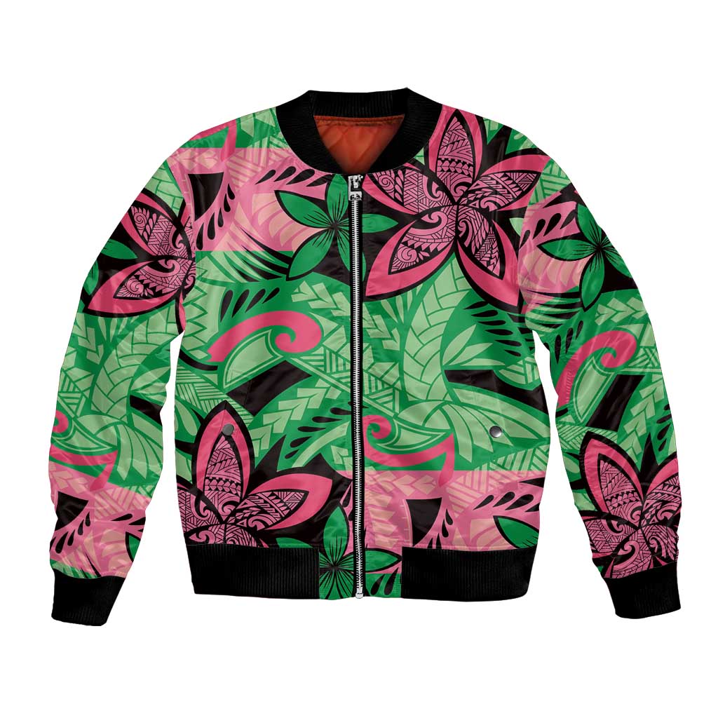 Plumeria Polynesian Pattern Bomber Jacket Unique Fantasy Green Pink LT01 Unisex Green - Polynesian Pride