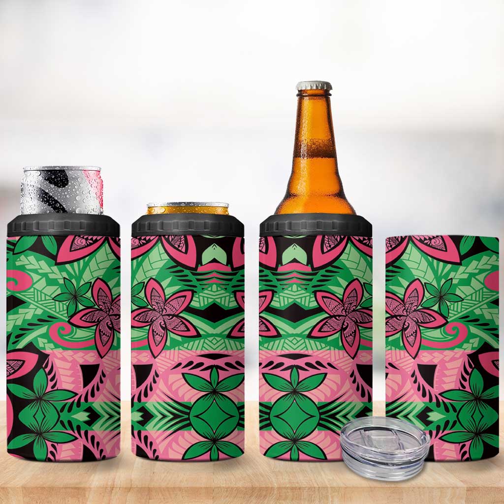 Plumeria Polynesian Pattern 4 in 1 Can Cooler Tumbler Unique Fantasy Green Pink