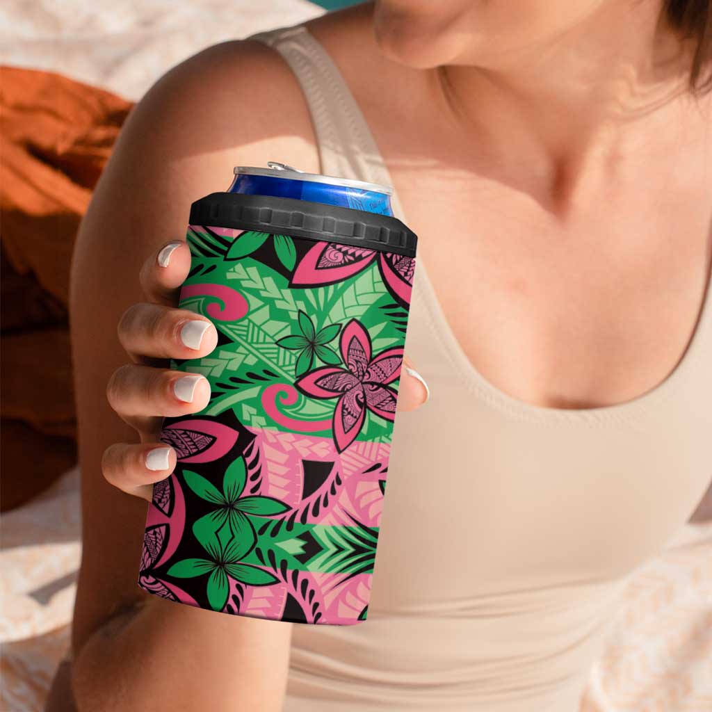 Plumeria Polynesian Pattern 4 in 1 Can Cooler Tumbler Unique Fantasy Green Pink