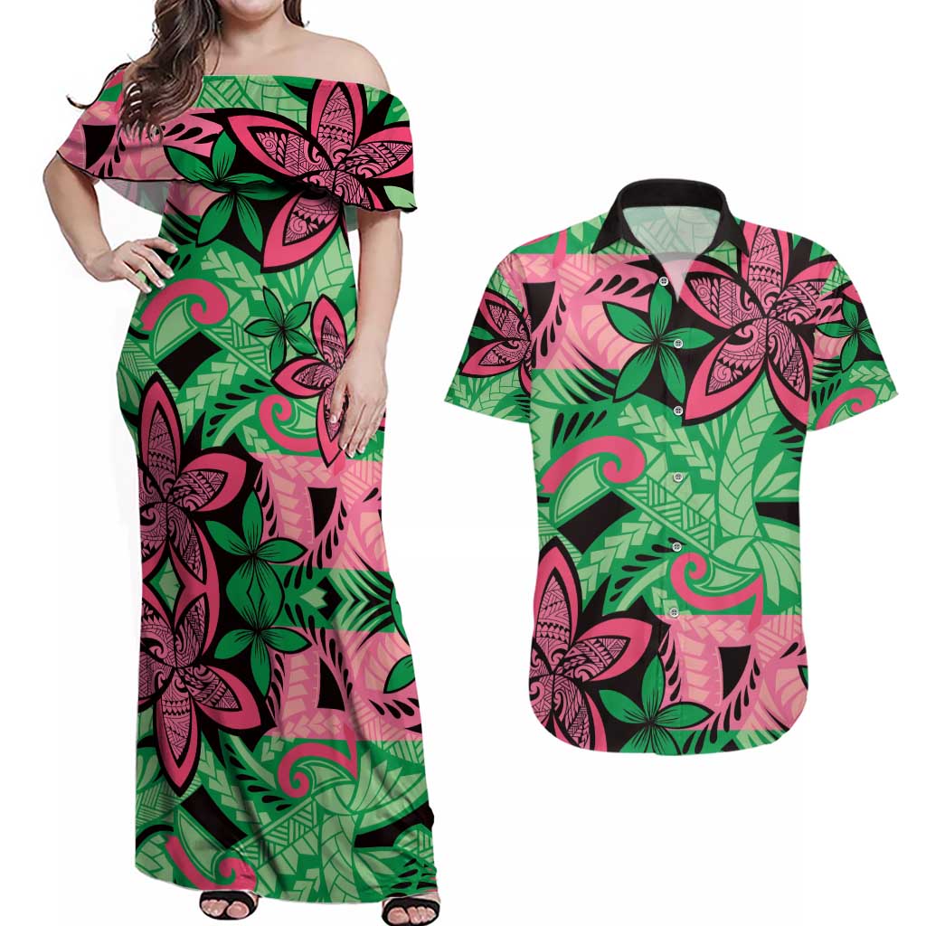 Plumeria Polynesian Pattern Couples Matching Off Shoulder Maxi Dress and Hawaiian Shirt Unique Fantasy Green Pink LT01 Green - Polynesian Pride
